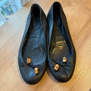 Gucci Black Leather Logo Ballet Flats with Bamboo Detail Size 39